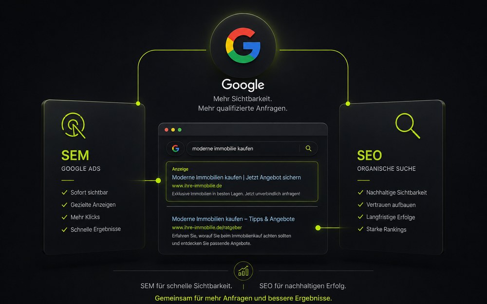 Google-Suchergebnis mit Anzeige und organischem Treffer, daneben SEM und SEO gegenübergestellt
